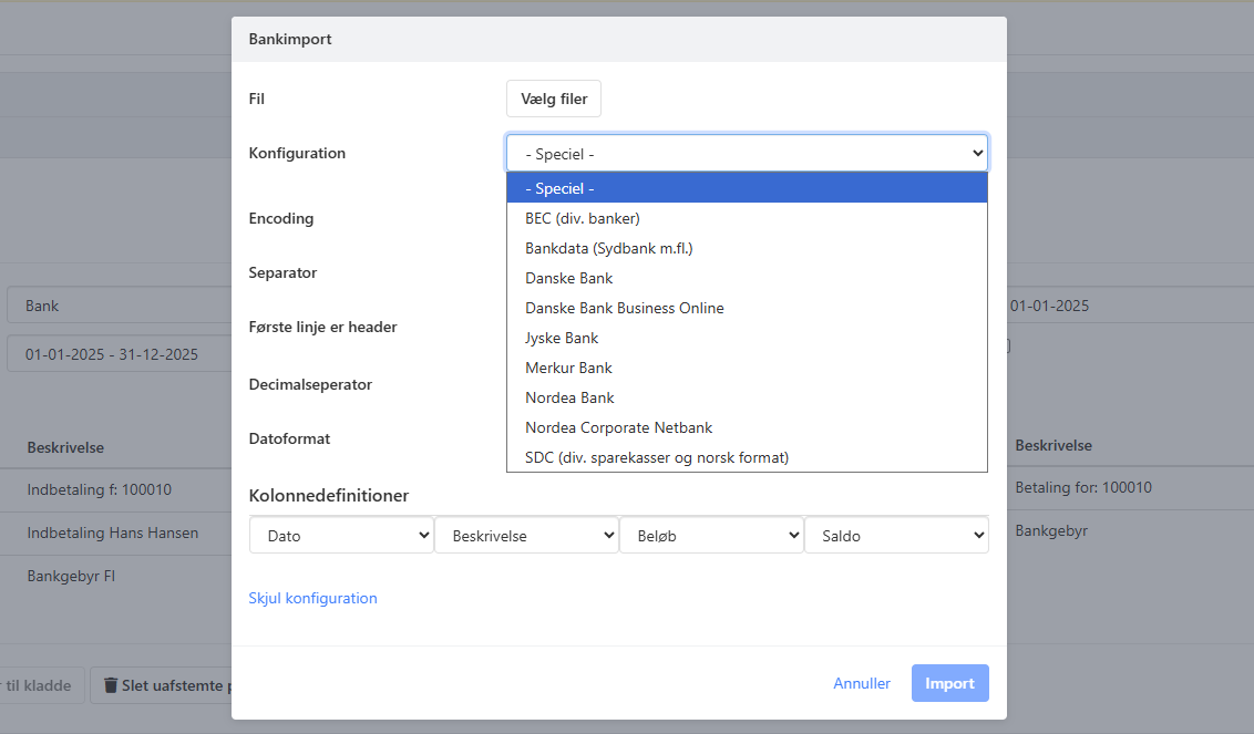 Velg bankformat i bankavstemming i Xena