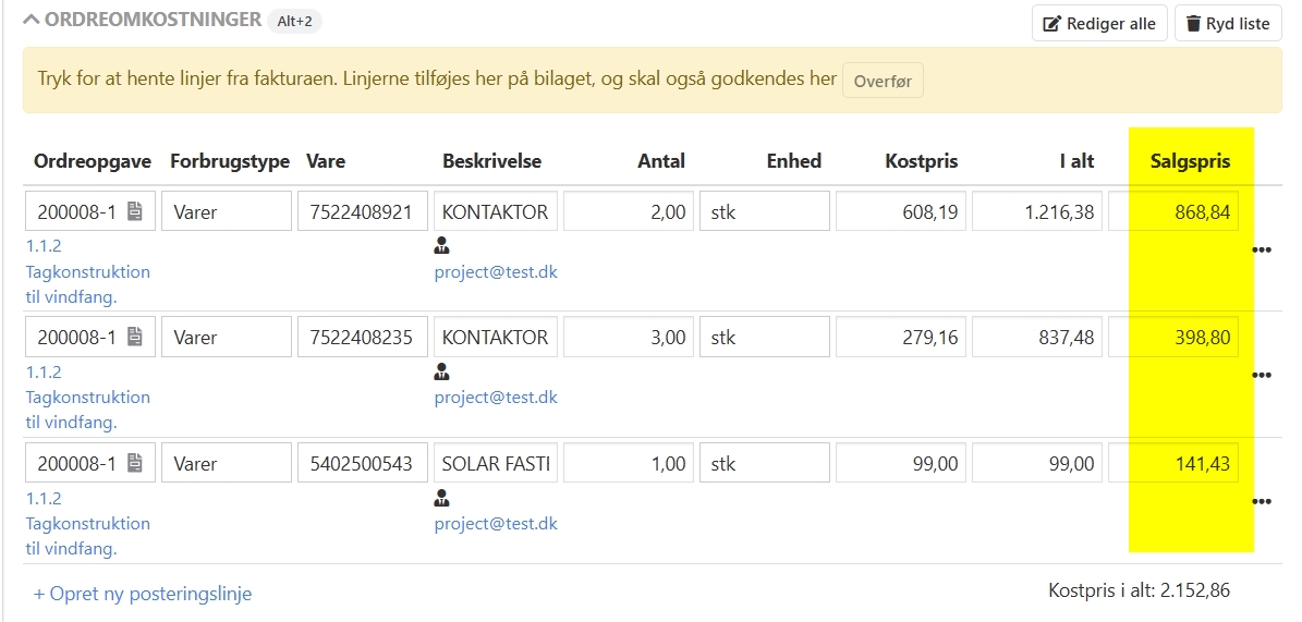 Beregning af salgspris på ordreomkostninger i Xena