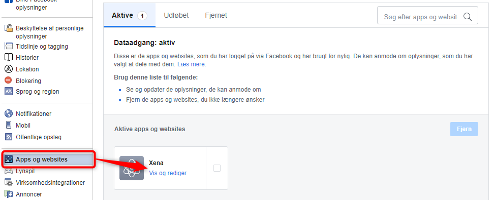 Find din Xena app tilknytning i Facebook