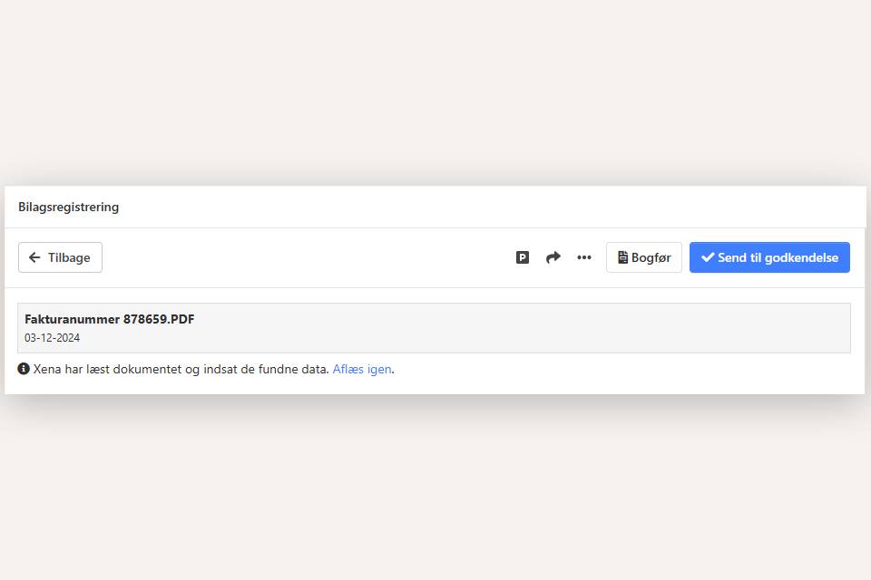 Tryk på Send til godkendelsese i bilagsregistrering i Xena
