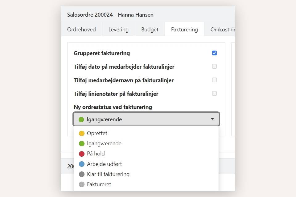 Vælg ønsket Ordrestatus ved fakturering med appen EG Xena Udvidet fakturering