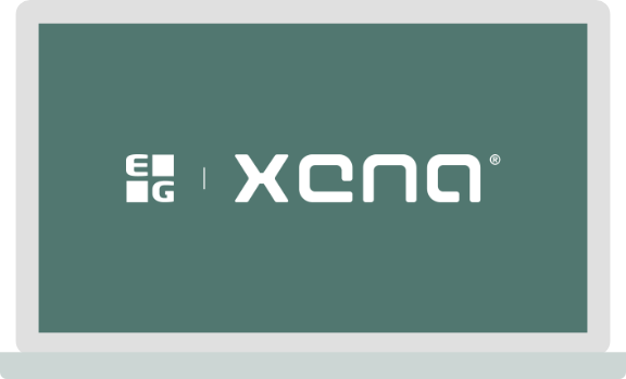 Illustration af en bærbar computer med EG Xena's logo vist på en grøn baggrund