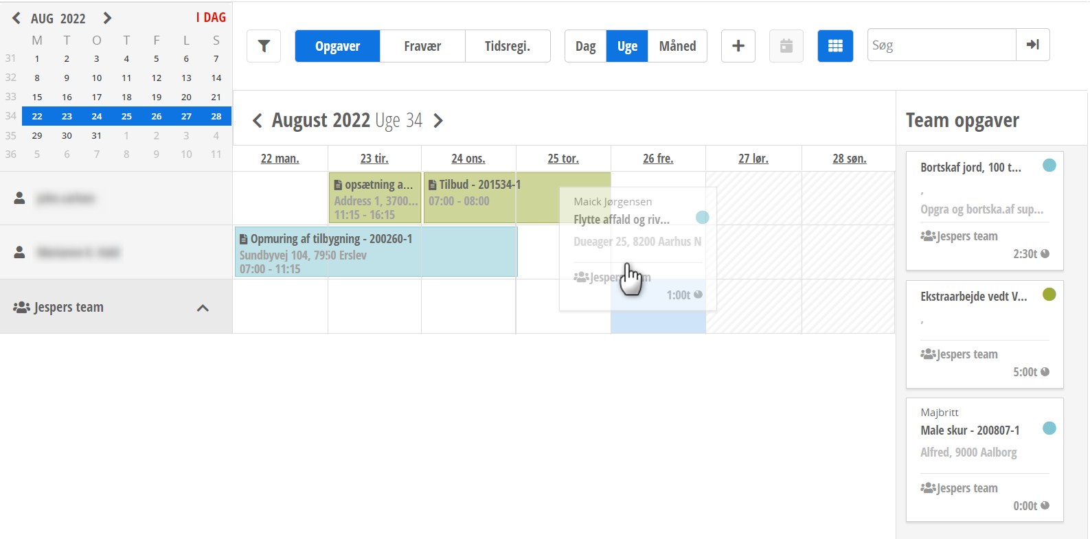 Planlægning af en team opgave i kalenderen i Xena