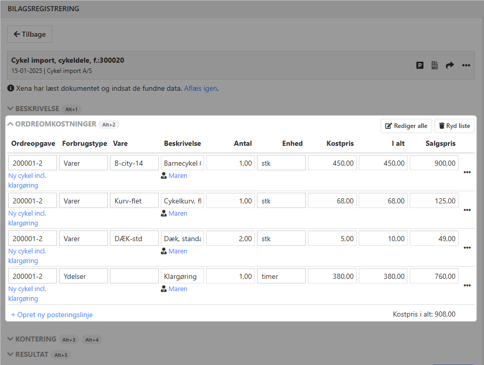 Sektionen Ordreomkostninger i bilagsregistrering i Xena