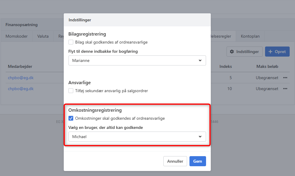 Opsætning af godkendelse i Omkostningsregistrering i Xena