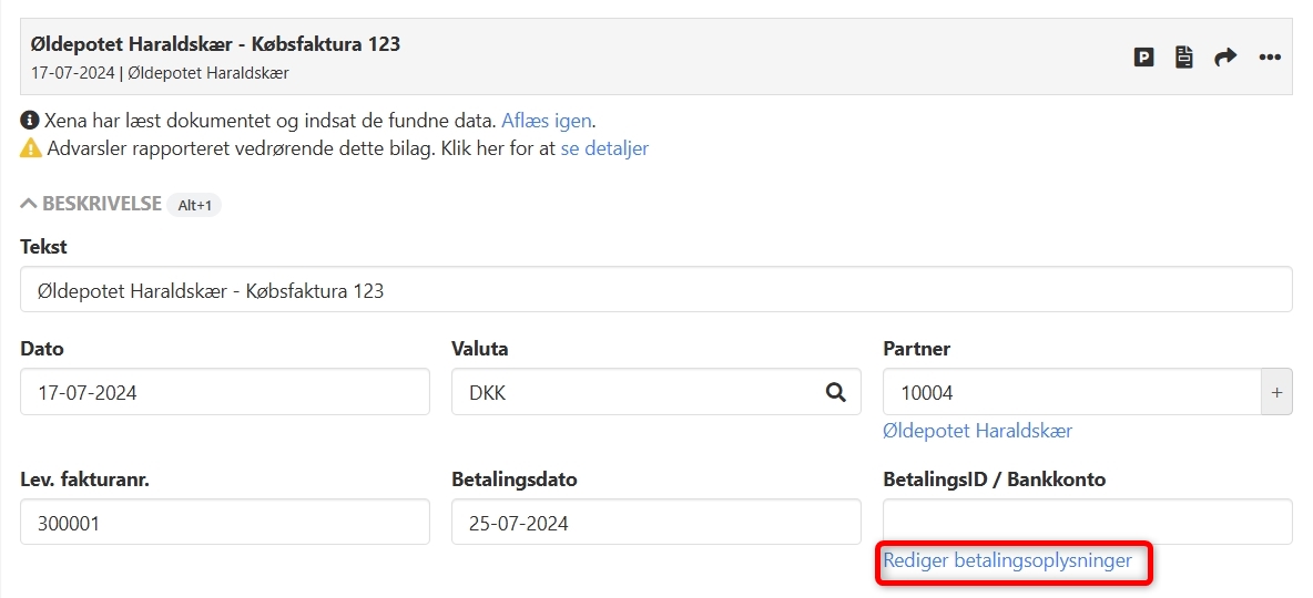 Link til redigering af betalingsoplysninger via Bilagsregistrering i Xena