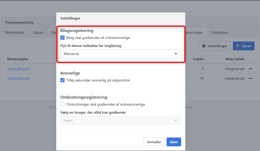 Opsætning af godkendelse i bilagsregistrering i Xena