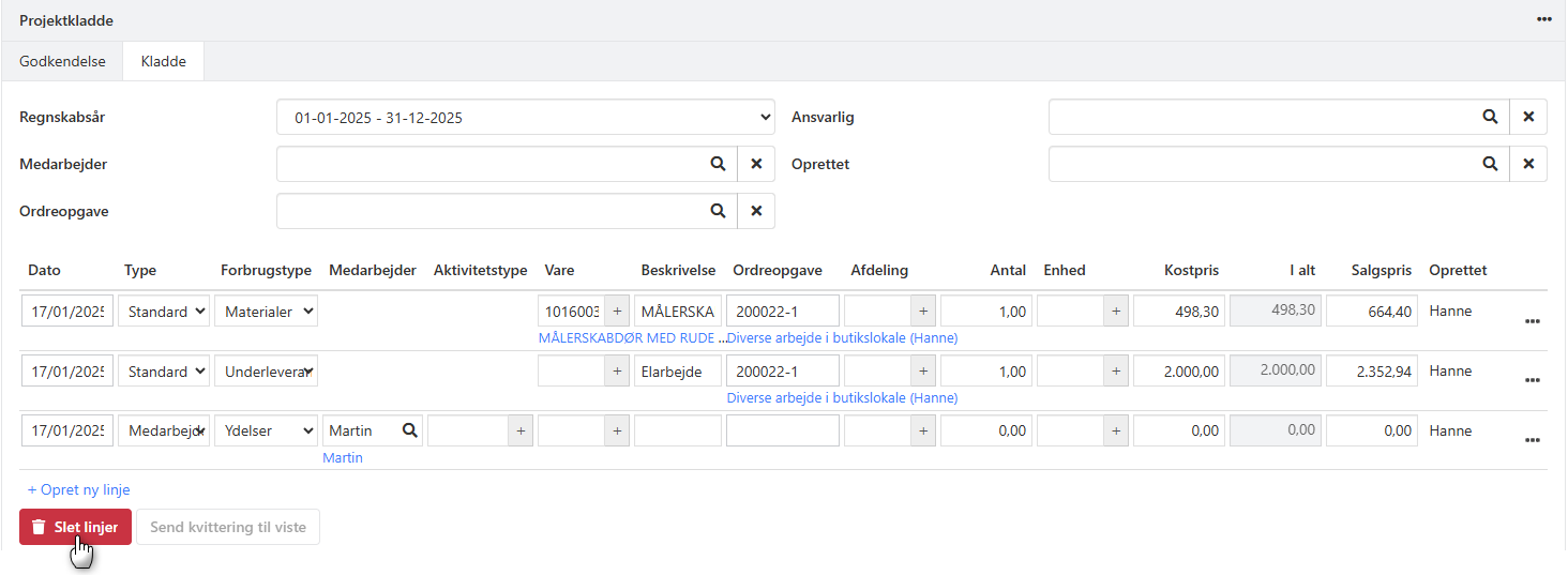 Slet linjer i Omkostningsregistrering i Xena