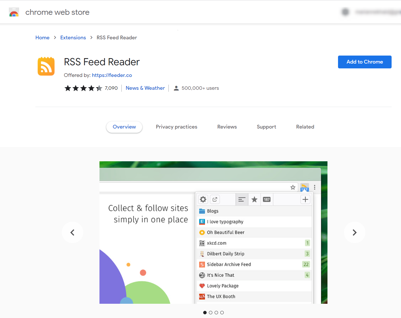 RSS Feed reader i Chome Webstore.