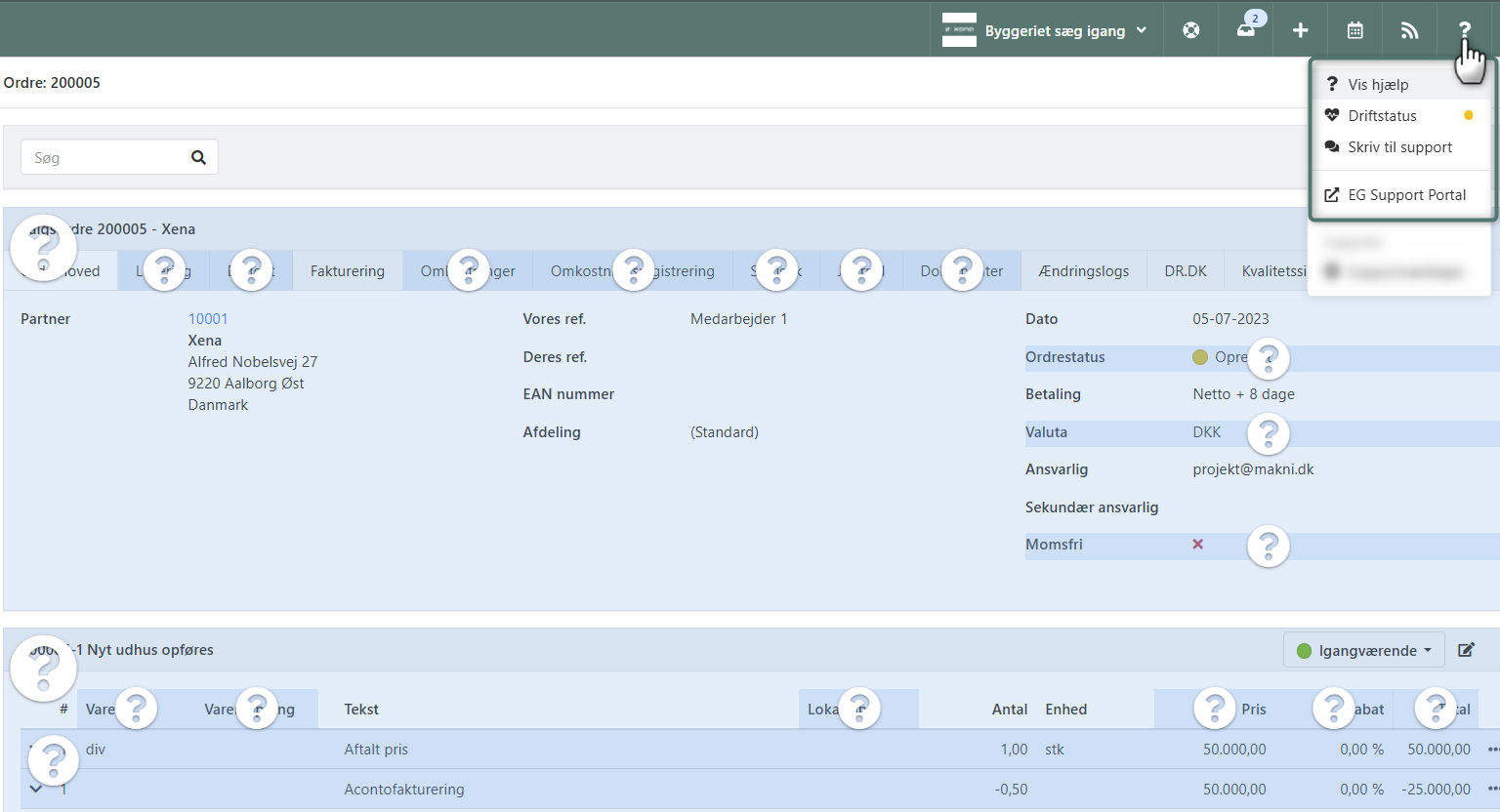Hjælpemenuen i Xena