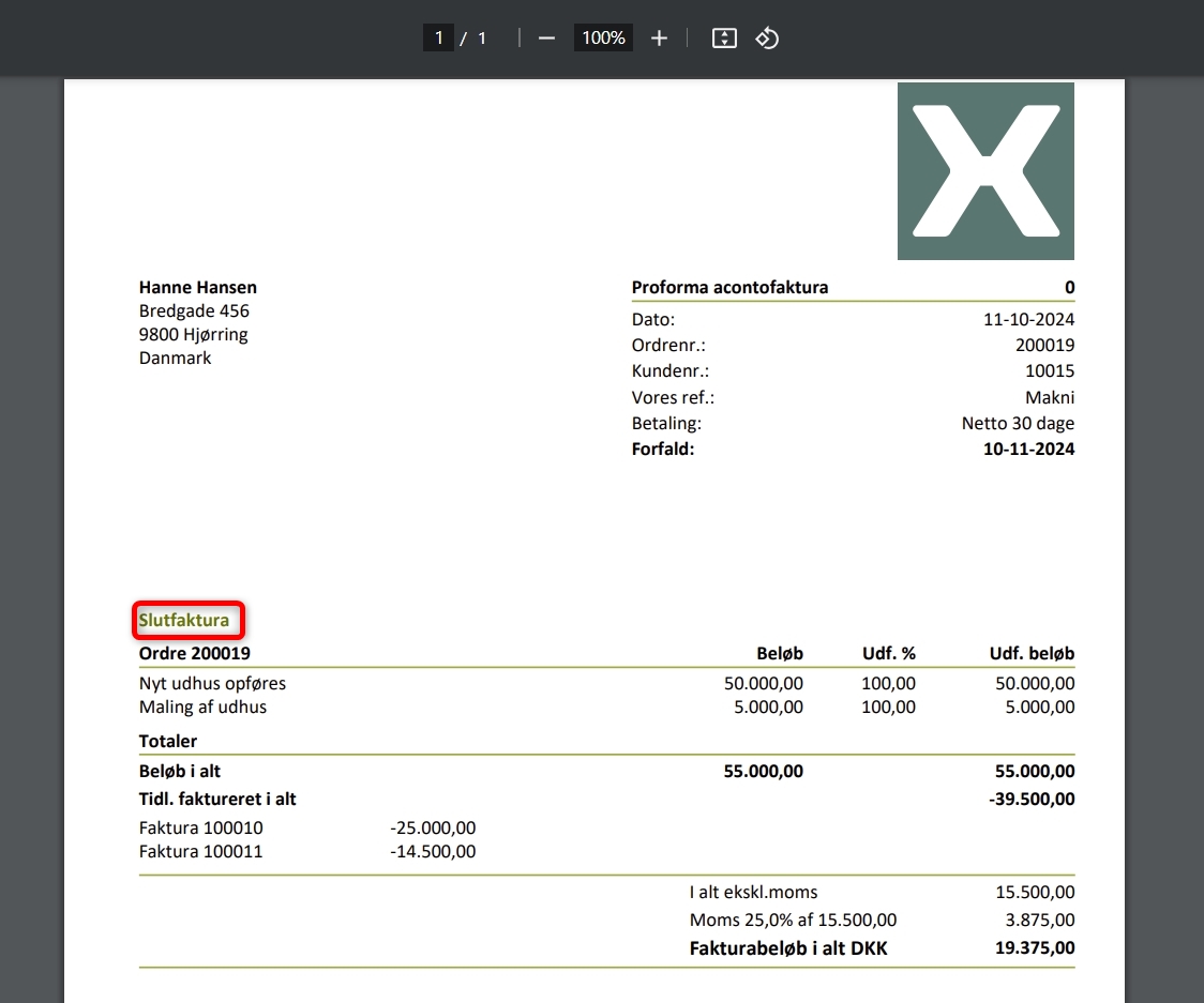 Eksempel på en Aconto slutfaktura fra Xena