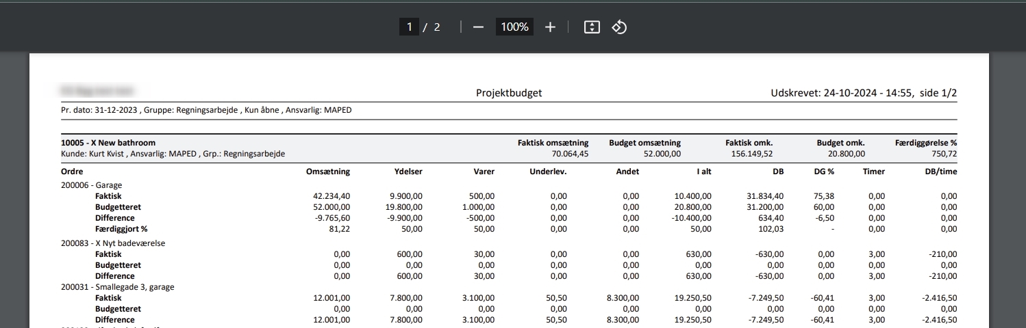 Nyt layout af rapporten Projektbudget i Xena