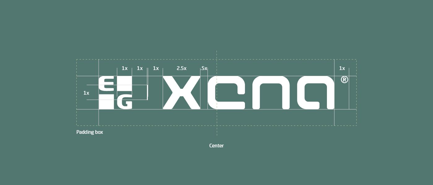 Logoet EG Xena med angivelser af afstande, margin og størrelser.