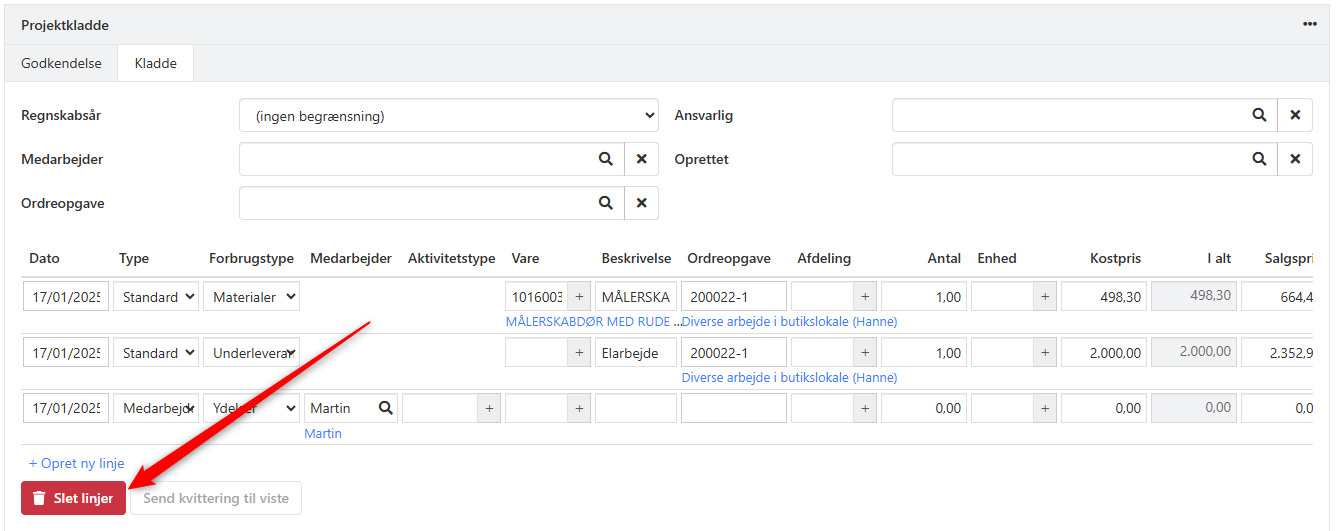 Omkostningsregistrering Slet linjer