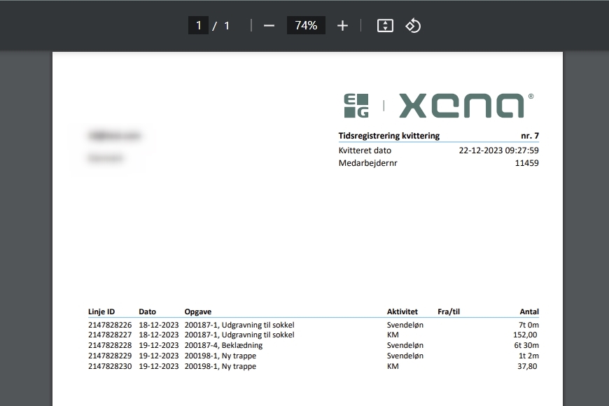 Kvittering på digitale tidsregistreringer i Xena