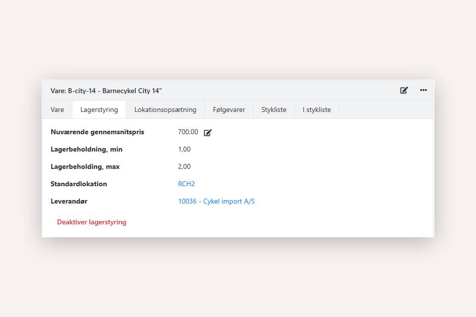 Vare med lagerstyring aktiveret i Xena