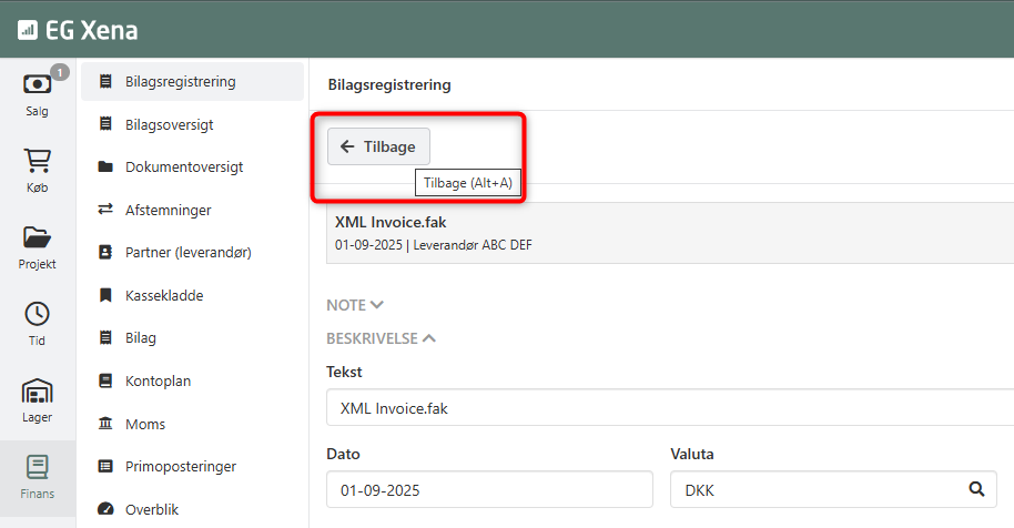 Bilagsregistrering snarvei i Xena