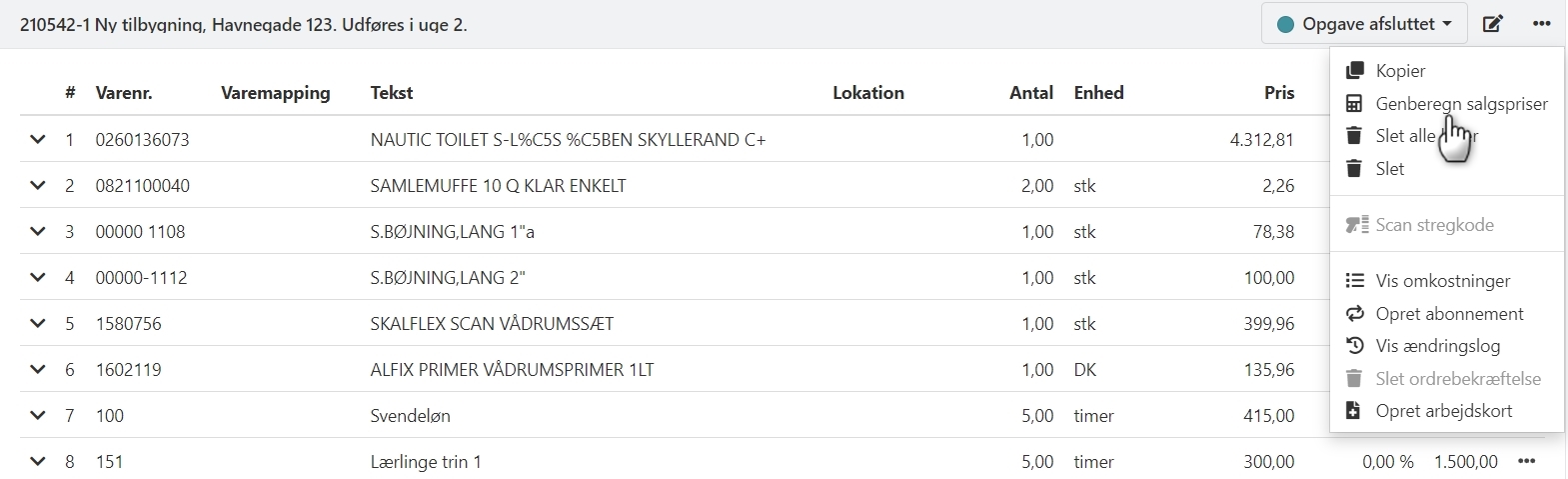 Menu til at åbne dialog til genberegning af salgspriser i Xena