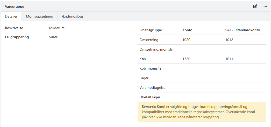 Indtast for eksempel kontonumre på varegrupper i Xena