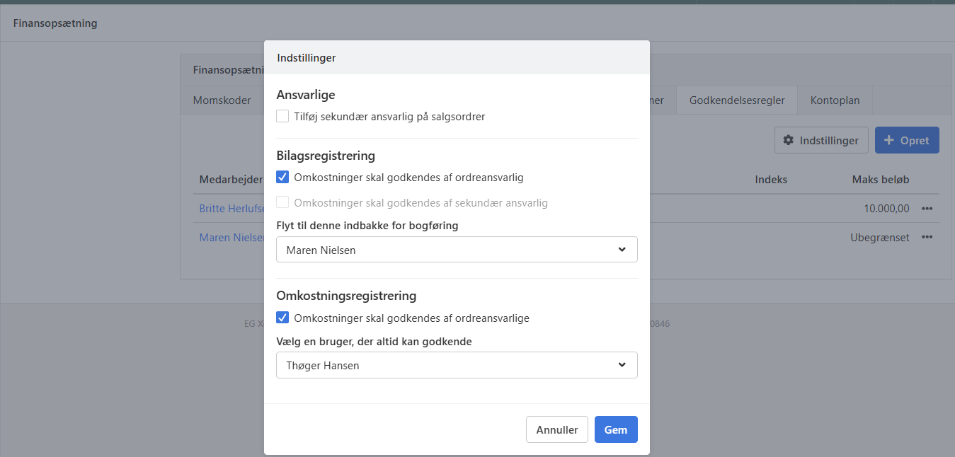 Indstilling af regler for godkendelse af omkostninger i Xena