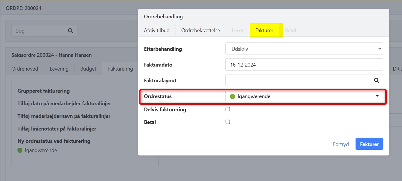 Foreslået ordrestatus vevd fakturering i Xena